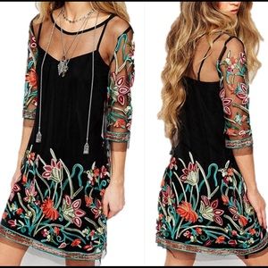 Black Shift Mini Embroidered See Through Dress
